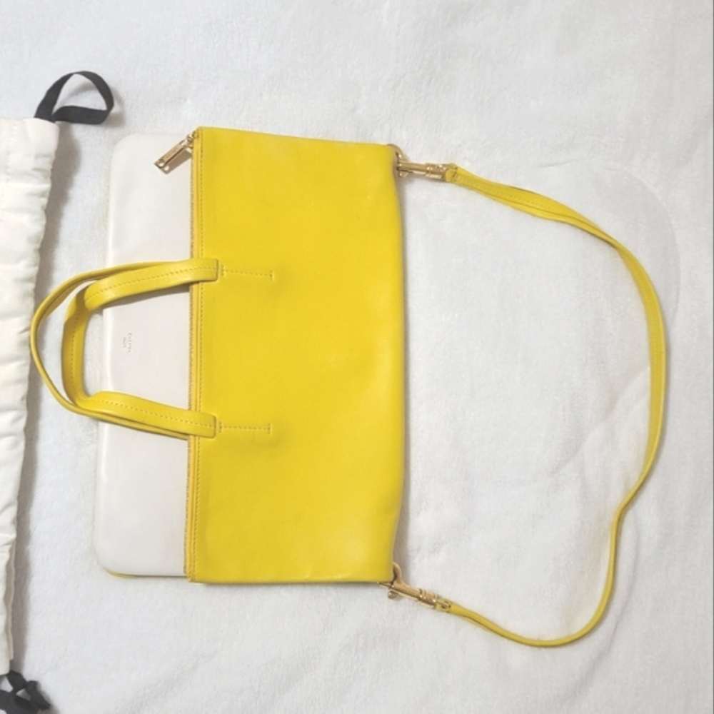 Céline Cabas Fold Over 3 way Tote Strap Yellow & White Leather Bag